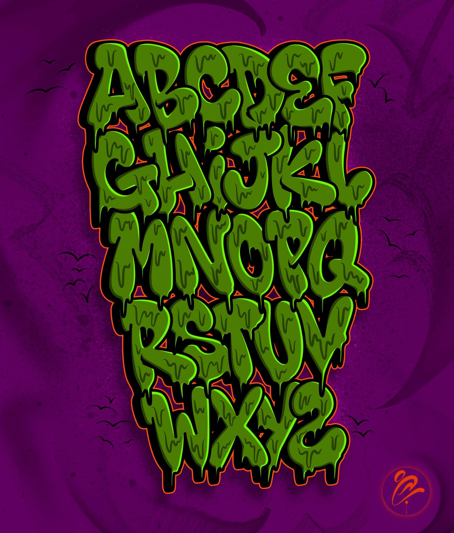 Green alphabet letters on a purple background