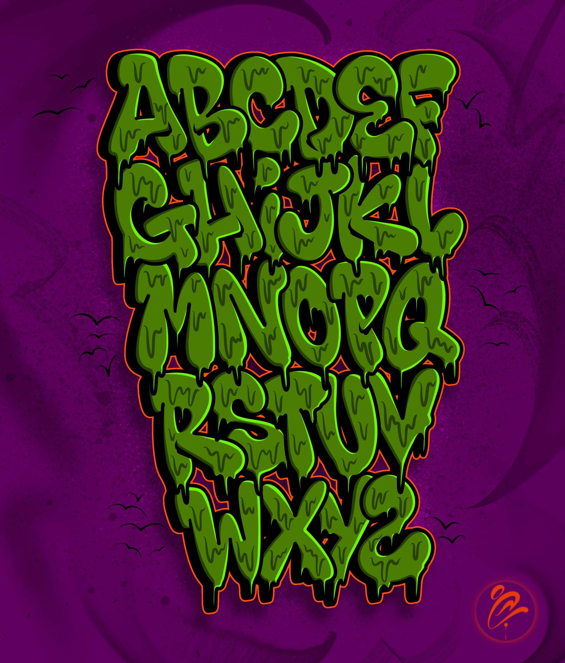 Green alphabet letters on a purple background