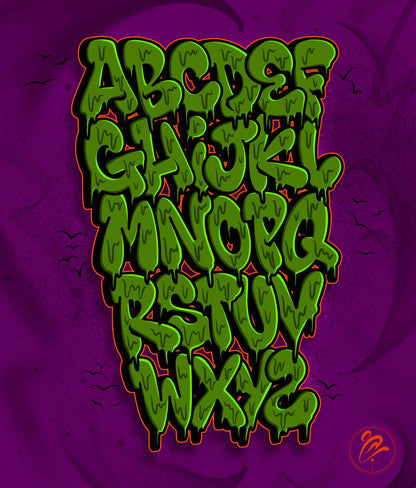 Green alphabet letters on a purple background