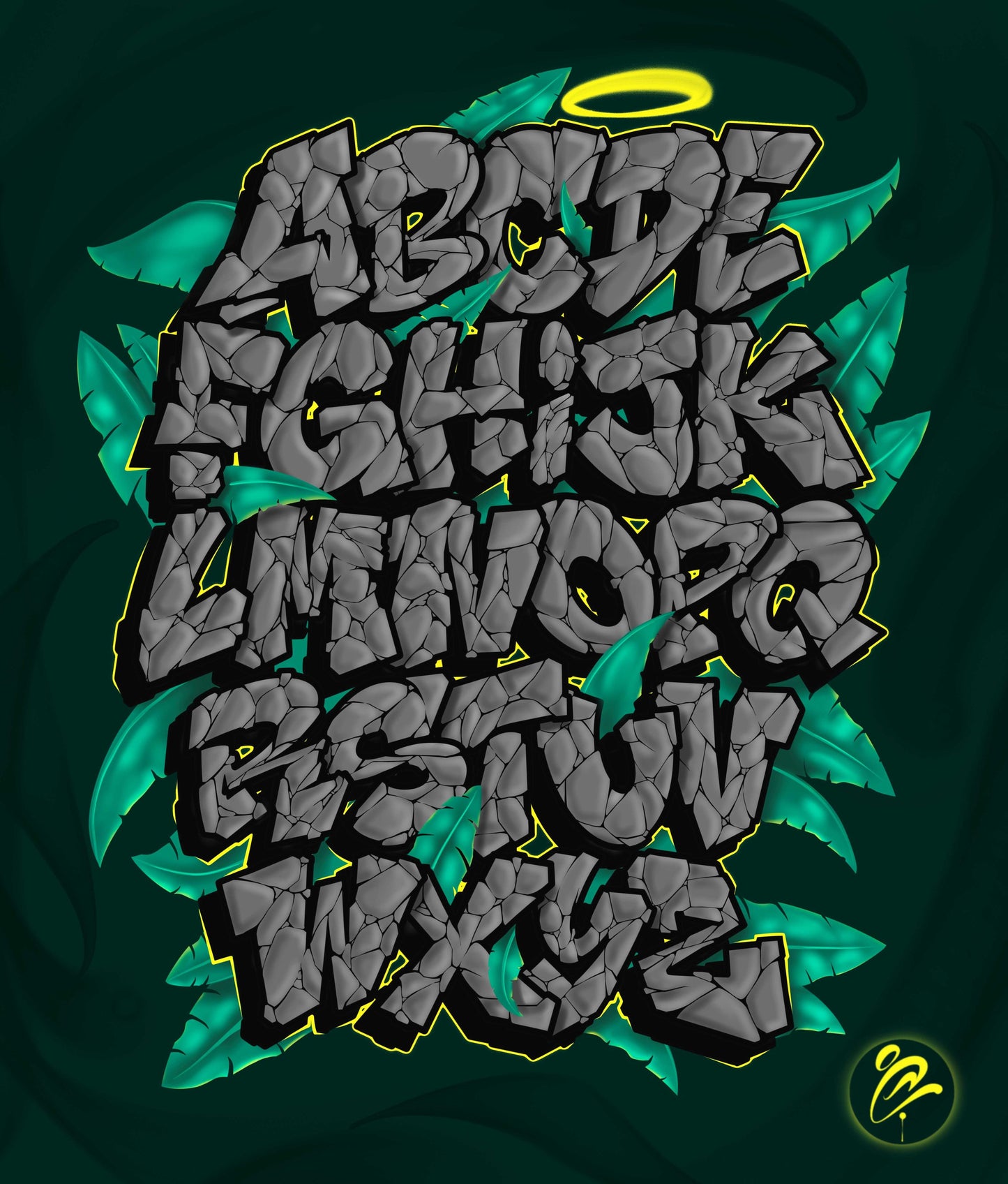 Gray letters with yellow outlines on a dark green background