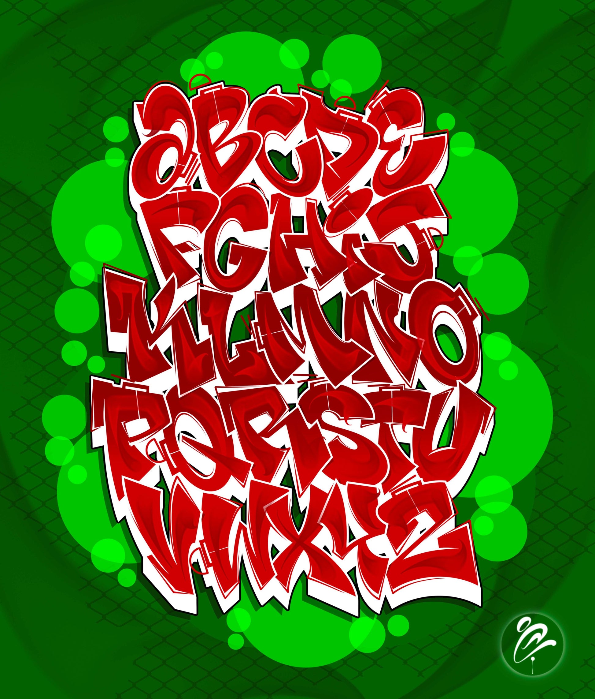 Red graffiti-style text on a green background