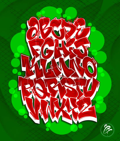 Red graffiti-style text on a green background