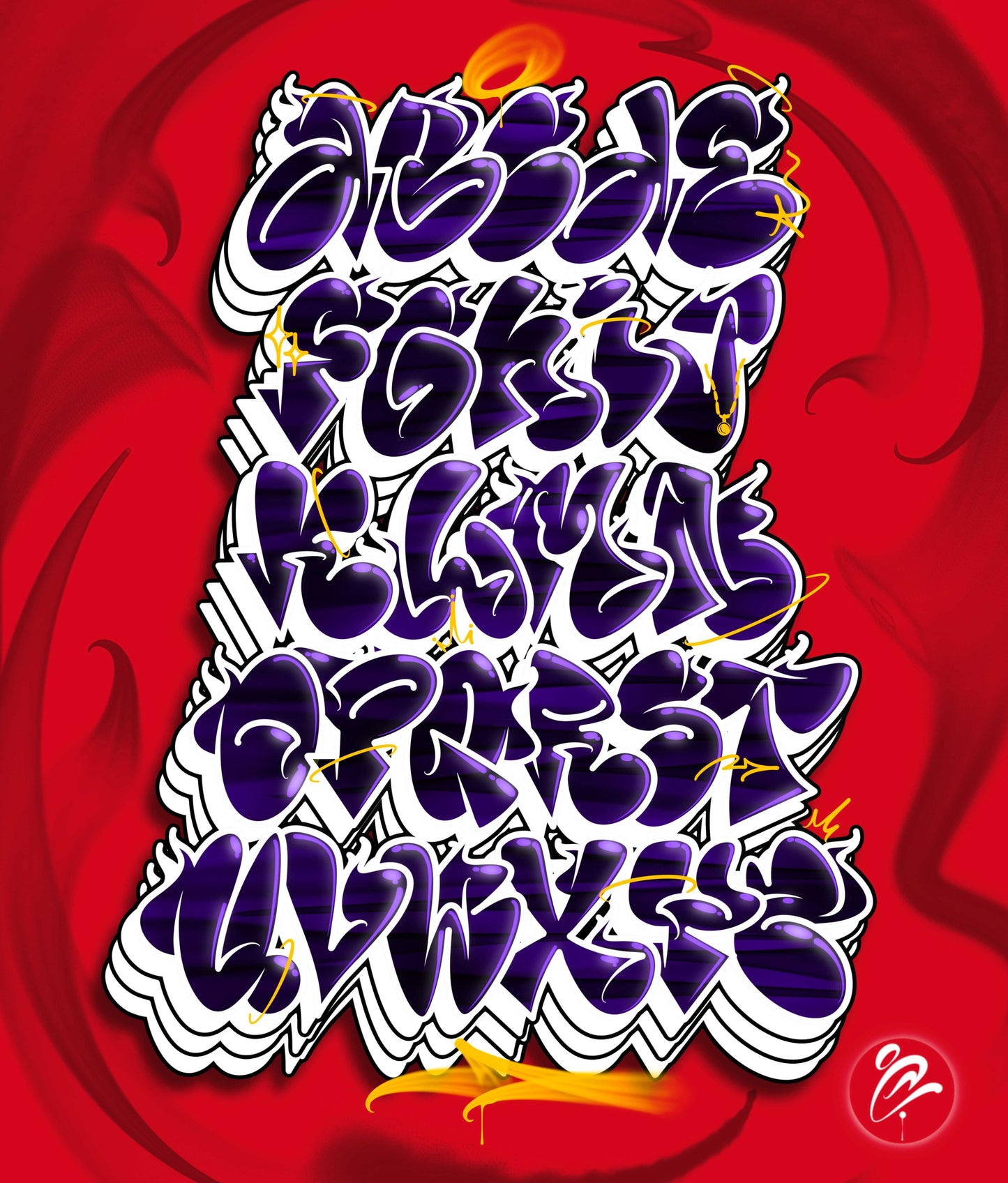 Purple graffiti-style text on a red background