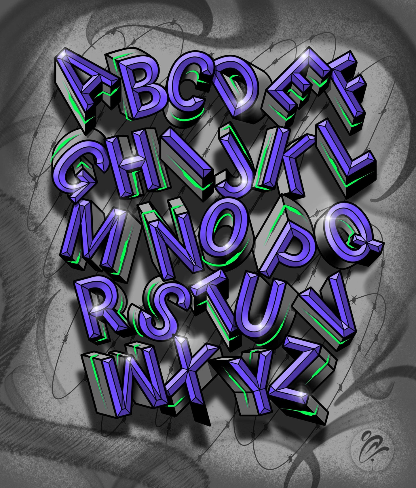 3D letters A to Z in purple and green on a textured gray background