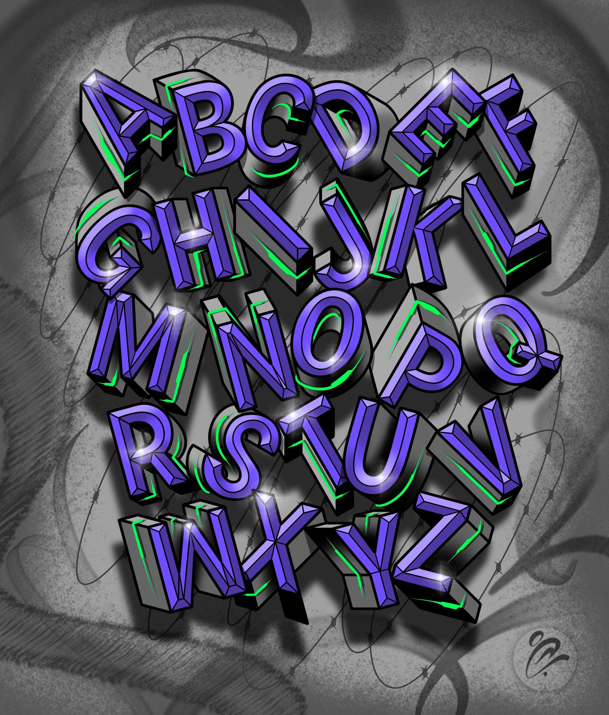 3D letters A to Z in purple and green on a textured gray background