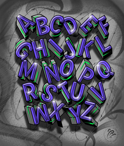3D letters A to Z in purple and green on a textured gray background