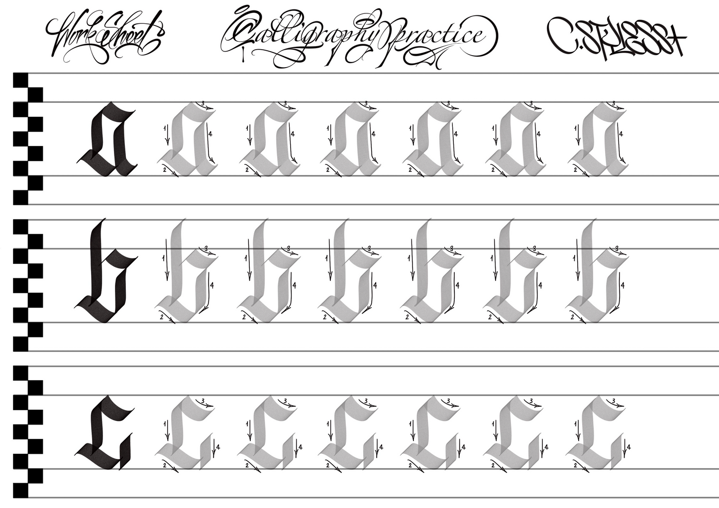 Lowercase Alphabet Calligraphy Worksheets (PDF)
