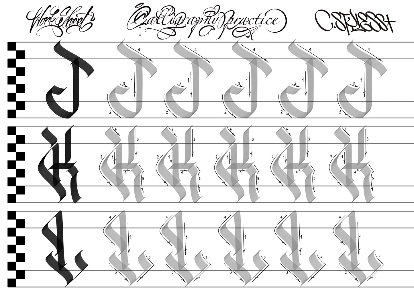 Uppercase Alphabet Calligraphy Worksheets (PDF)